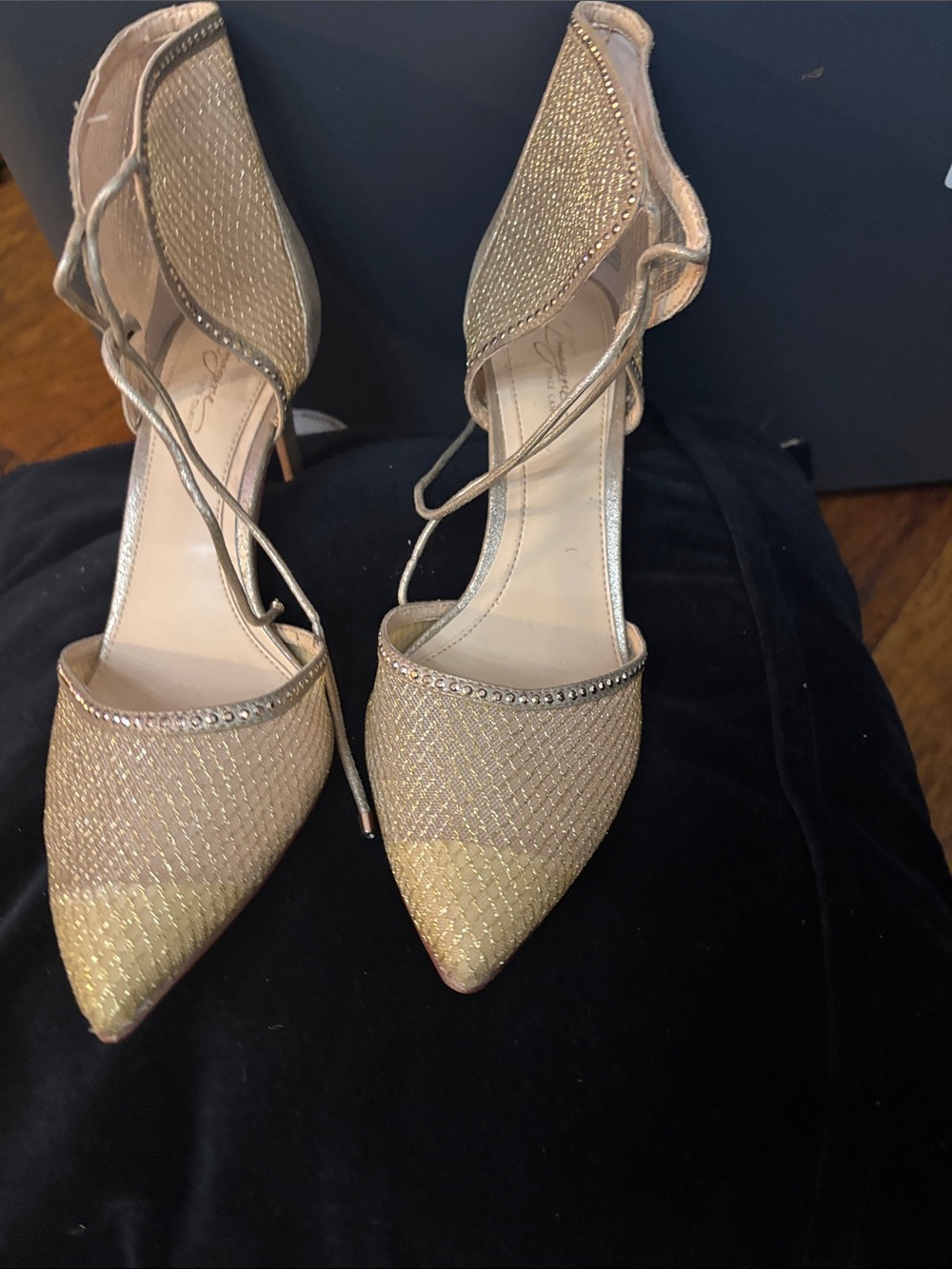 Vince Camuto Metallic Gold Pointed-Toe Ankle-Tie Heels